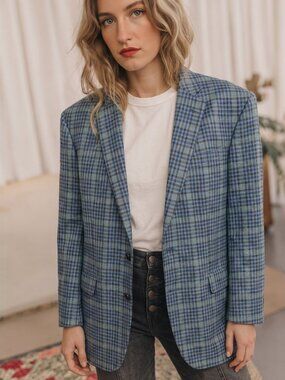 Wool-Silk Blend Plaid Blazer | Oversize Boyfriend Style | Italian Fabric | Sz XL